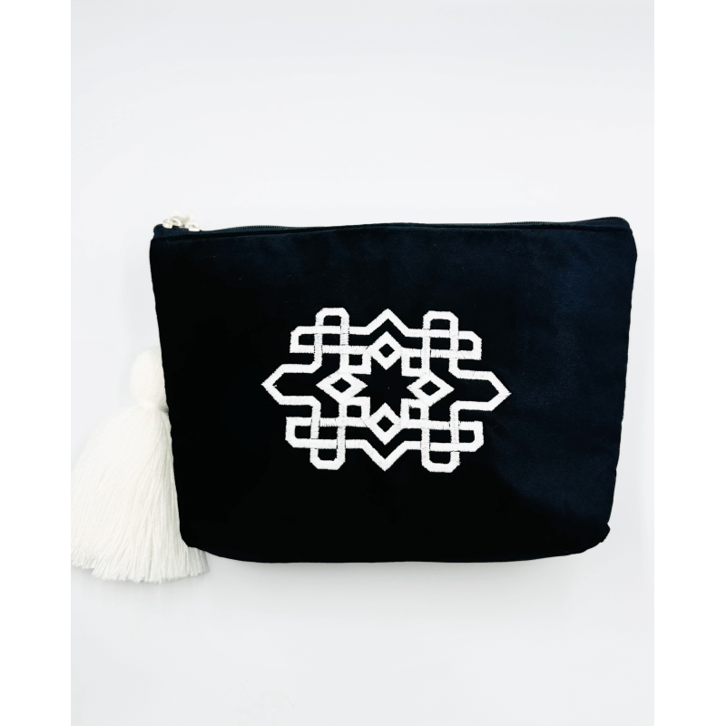 Trousse maxi pompon Embroidery noir - La Gazelle Marrakchia