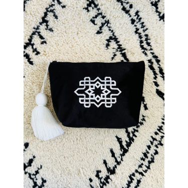 Trousse maxi pompon Embroidery noir - La Gazelle Marrakchia