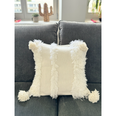 Housse de coussin crème pompons crème - La Gazelle Marrakchia