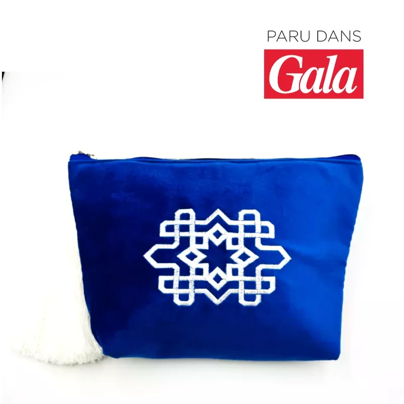 Trousse maxi pompon Embroidery bleu - La Gazelle Marrakchia