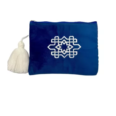 Trousse maxi pompon rectangle Embroidery bleu - La Gazelle Marrakchia