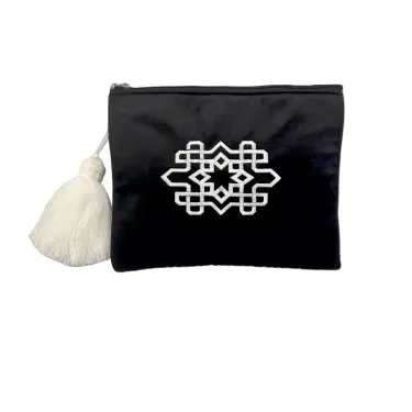 Trousse maxi pompon  rectangle Embroidery noir - La Gazelle Marrakchia