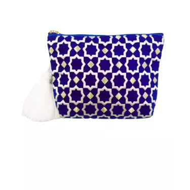 Trousse artisanale Majorelle bleue à pompon – La Gazelle Marrakchia