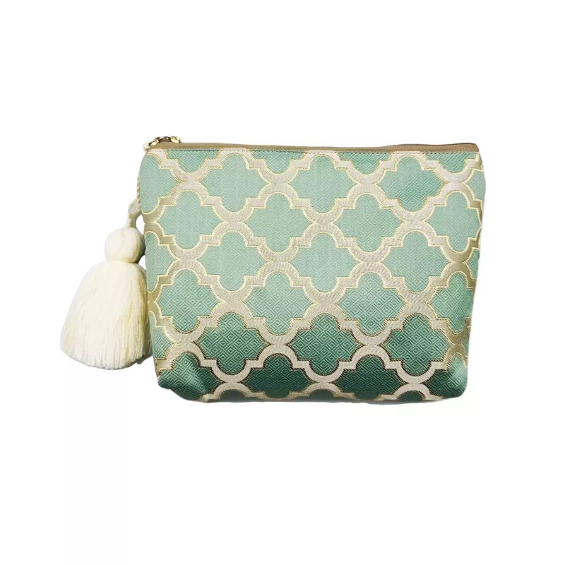 Trousse artisanale en brocart marocain vert amande – La Gazelle Marrakchia