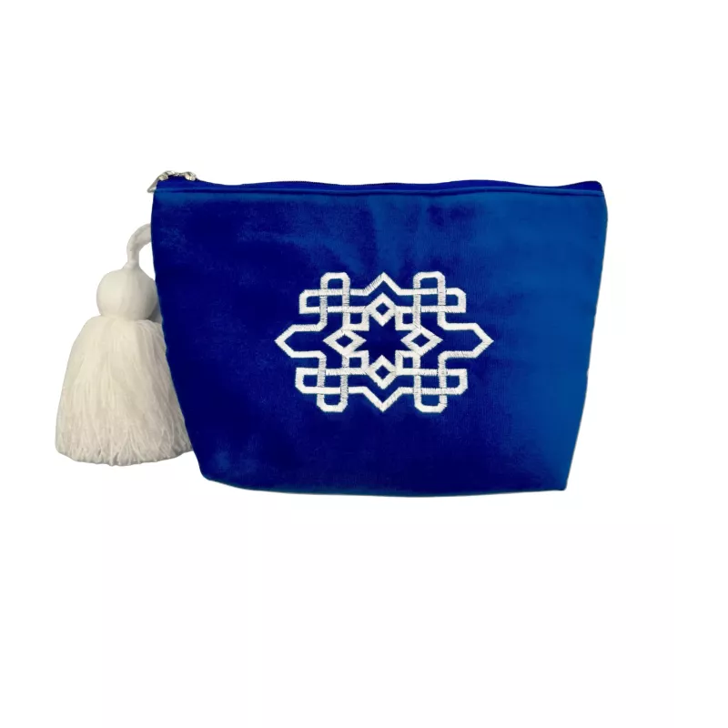 Trousse maquillage bleue broderie marocaine - La Gazelle Marrakchia