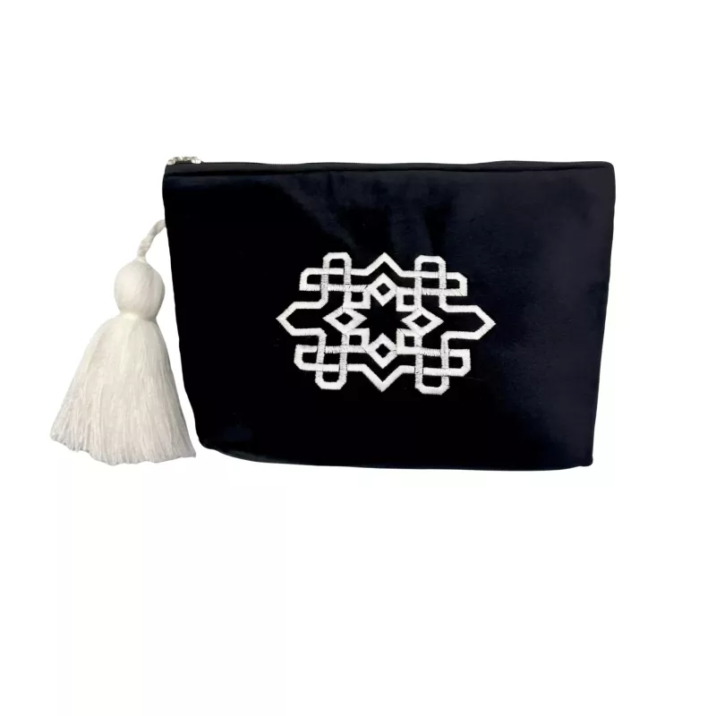 Trousse marocaine brodée noire avec maxi pompon – La Gazelle Marrakchia