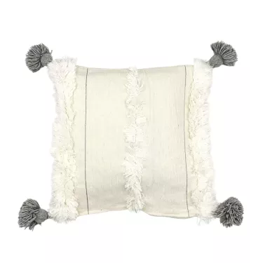 Housse de coussin crème pompons gris - La Gazelle Marrakchia