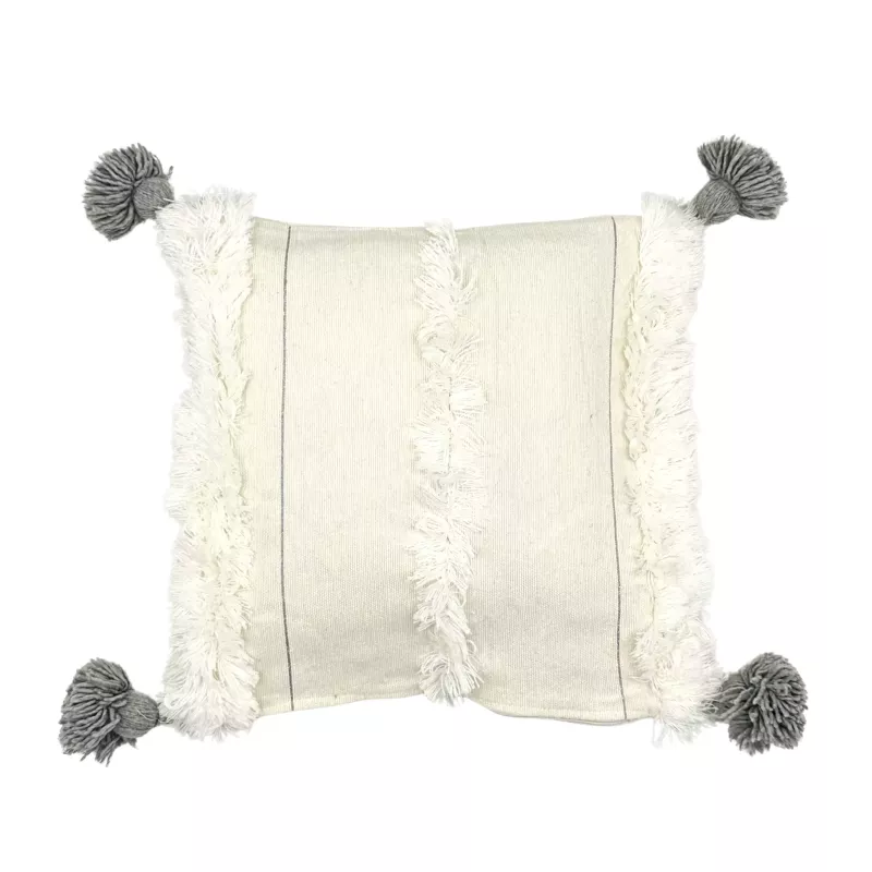 Housse de coussin crème pompons gris - La Gazelle Marrakchia